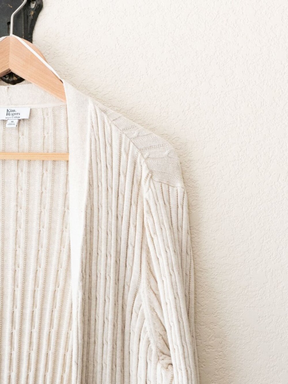 Kim Rogers Cardigan Womens XL Beige 100% Cotton Cable Knit Open Front Pockets - Picture 5 of 13